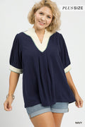 Curvy Linda Linen Blend Contrast Trim Top