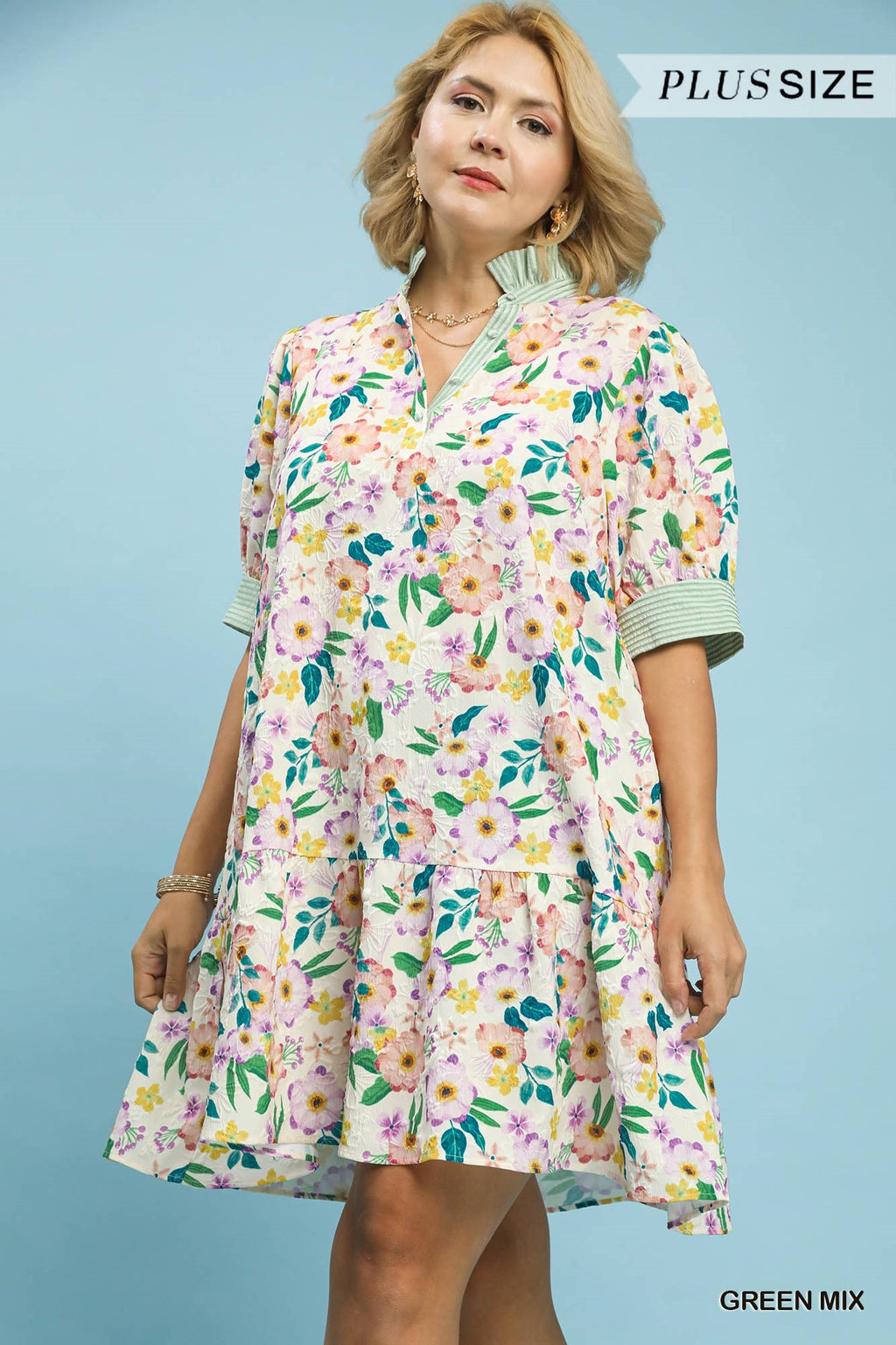 Curvy Maddy Mix Floral Ruffle Detail Mini Dress