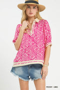 Harper Geometric Leaf Print Popover Top