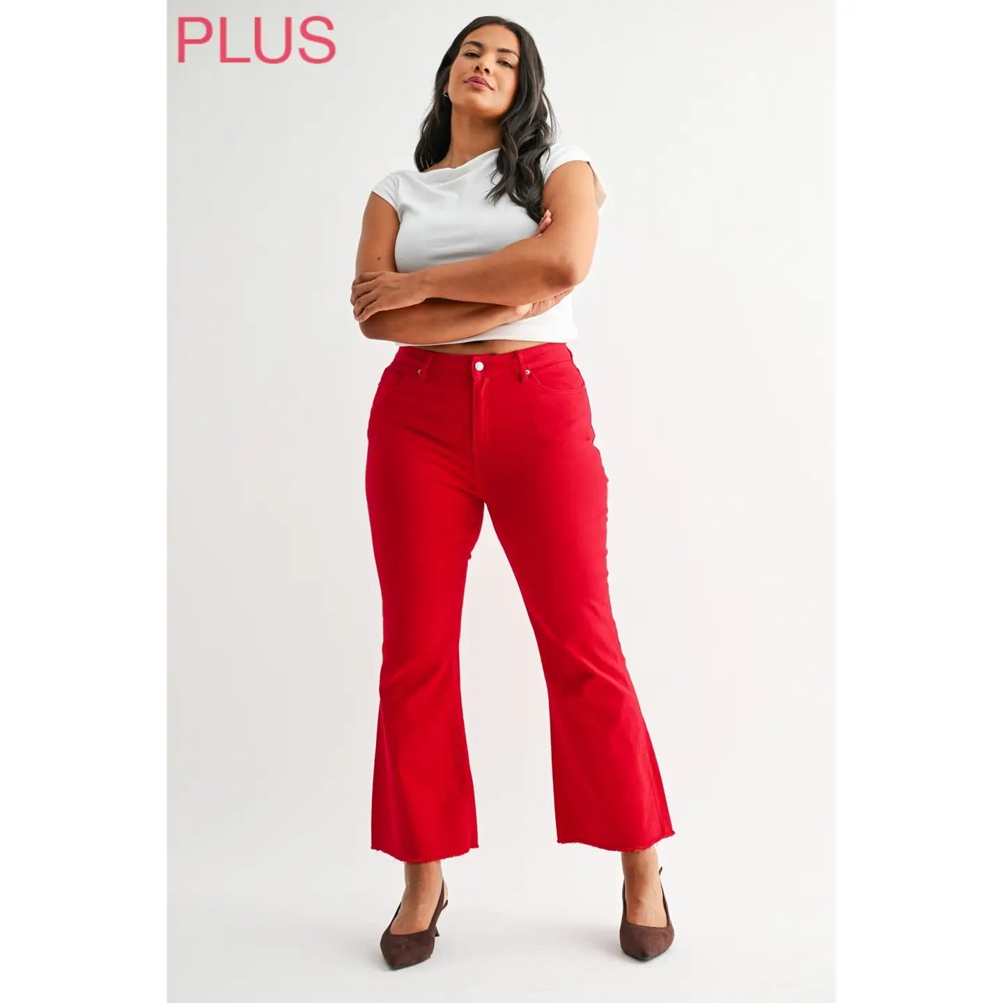 Curvy Mica Husker Red High Rise Ankle Flare Jeans
