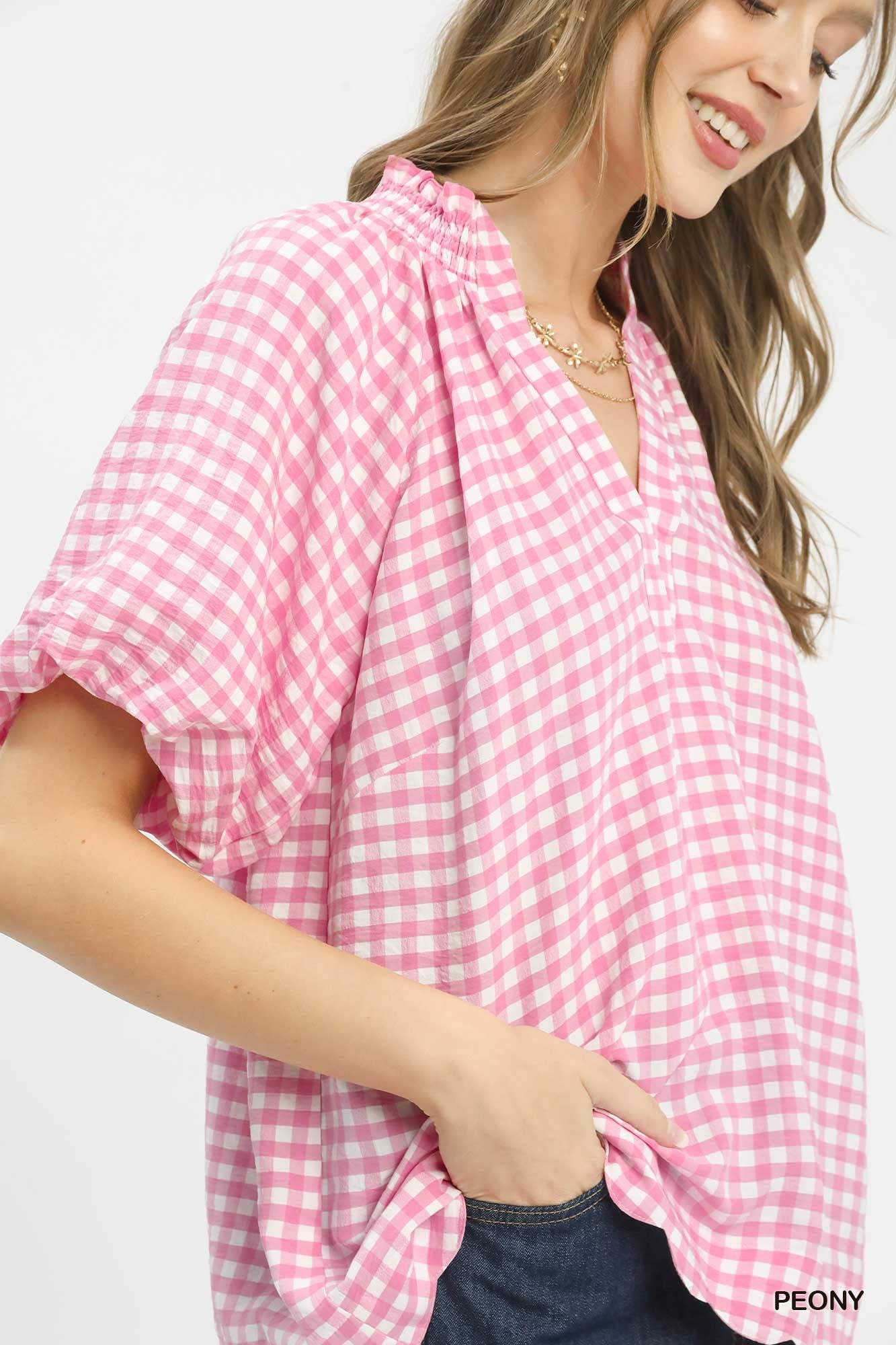 Shana Gingham Bubble Sleeve Linen Top