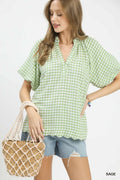 Shana Gingham Bubble Sleeve Linen Top