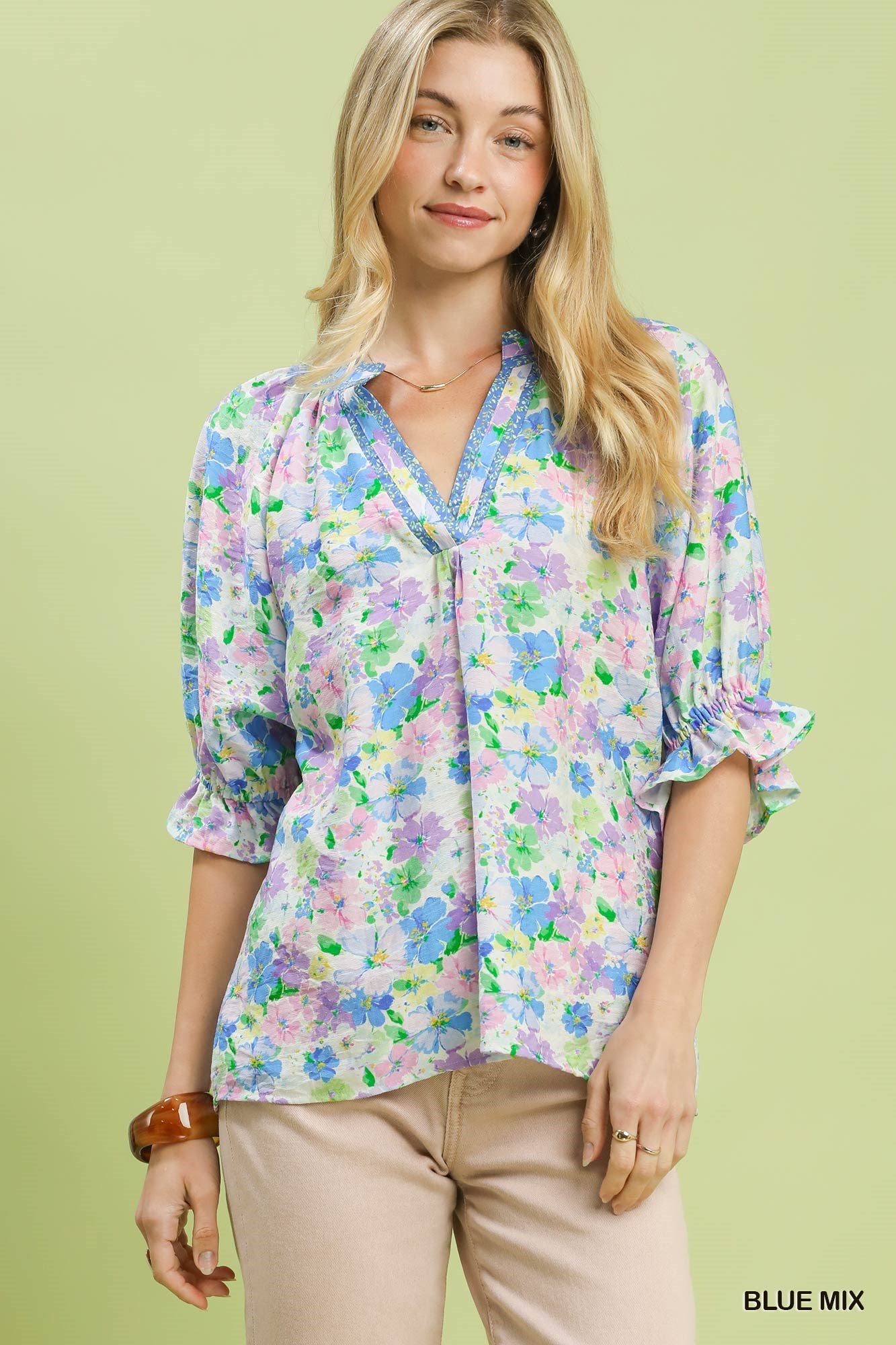 Macey Blue Mix Floral Print Ruffle Top
