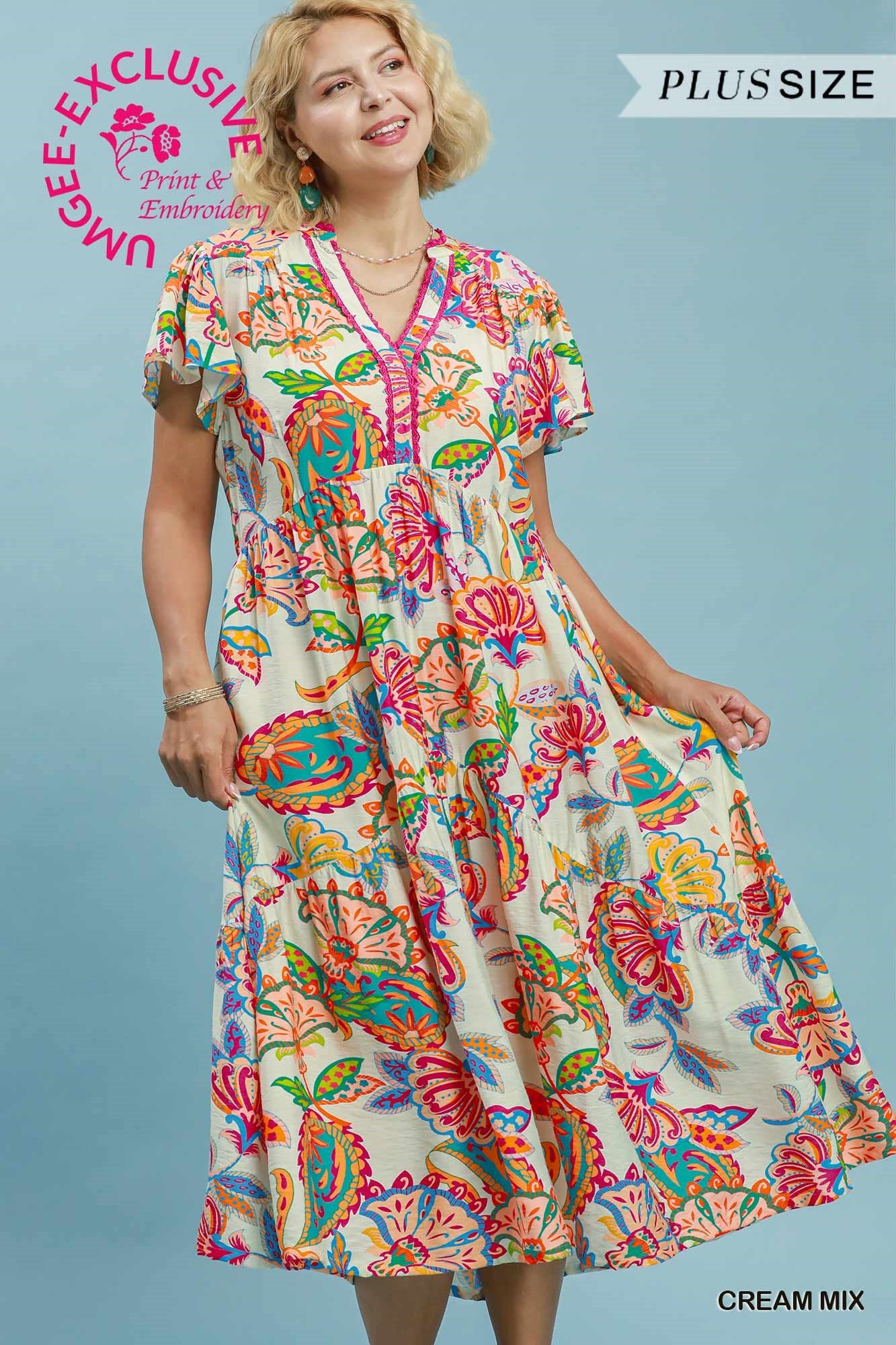 Curvy Elena Cream Mix Boho Floral Midi Dress