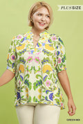 Curvy Macie Green Mix Floral Split Neck Top