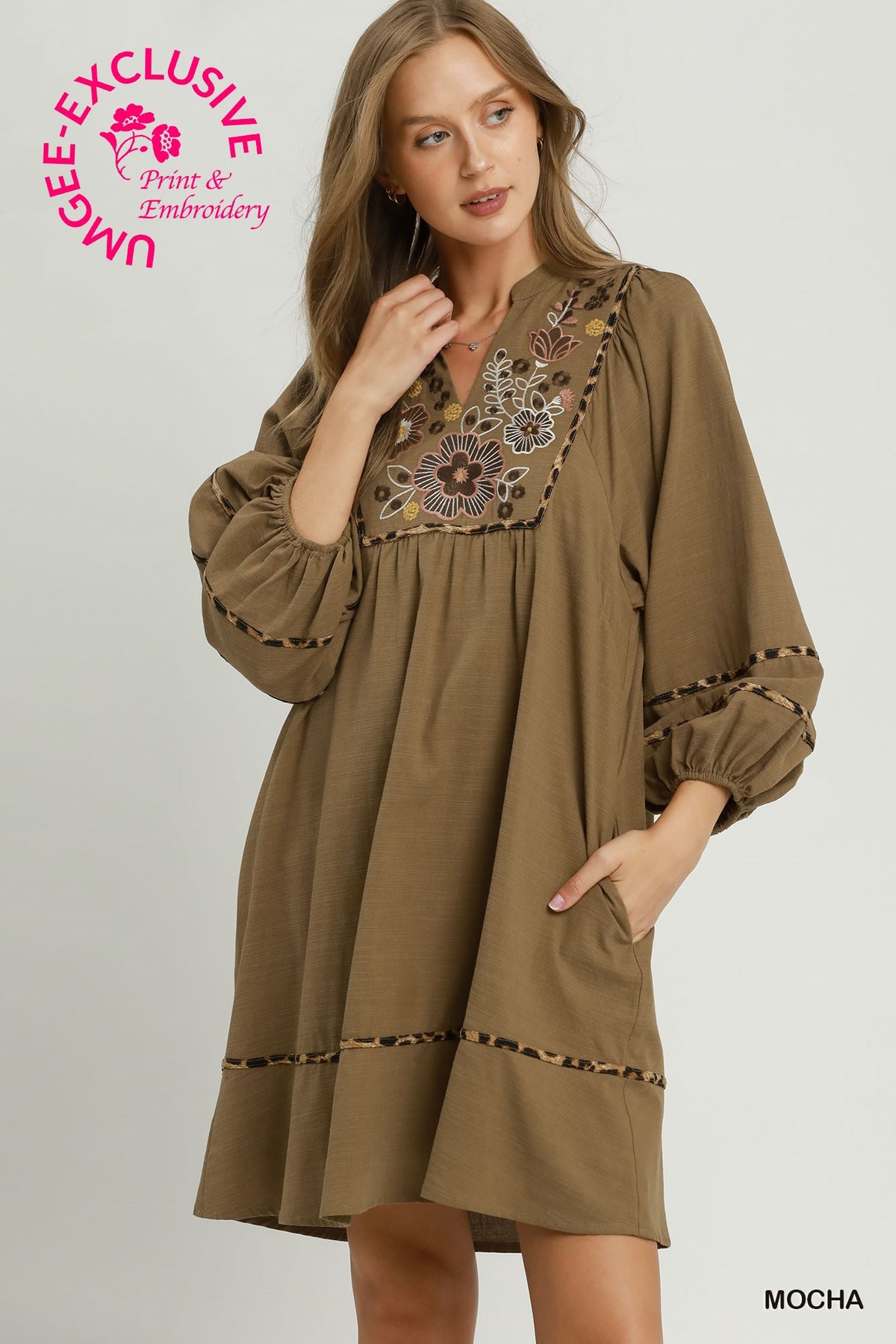 Missy Mocha Floral Embroidered Babydoll Dress