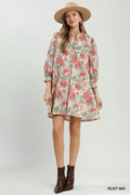 Curvy Paulette Floral Print Smocked Cuff Mini Dress