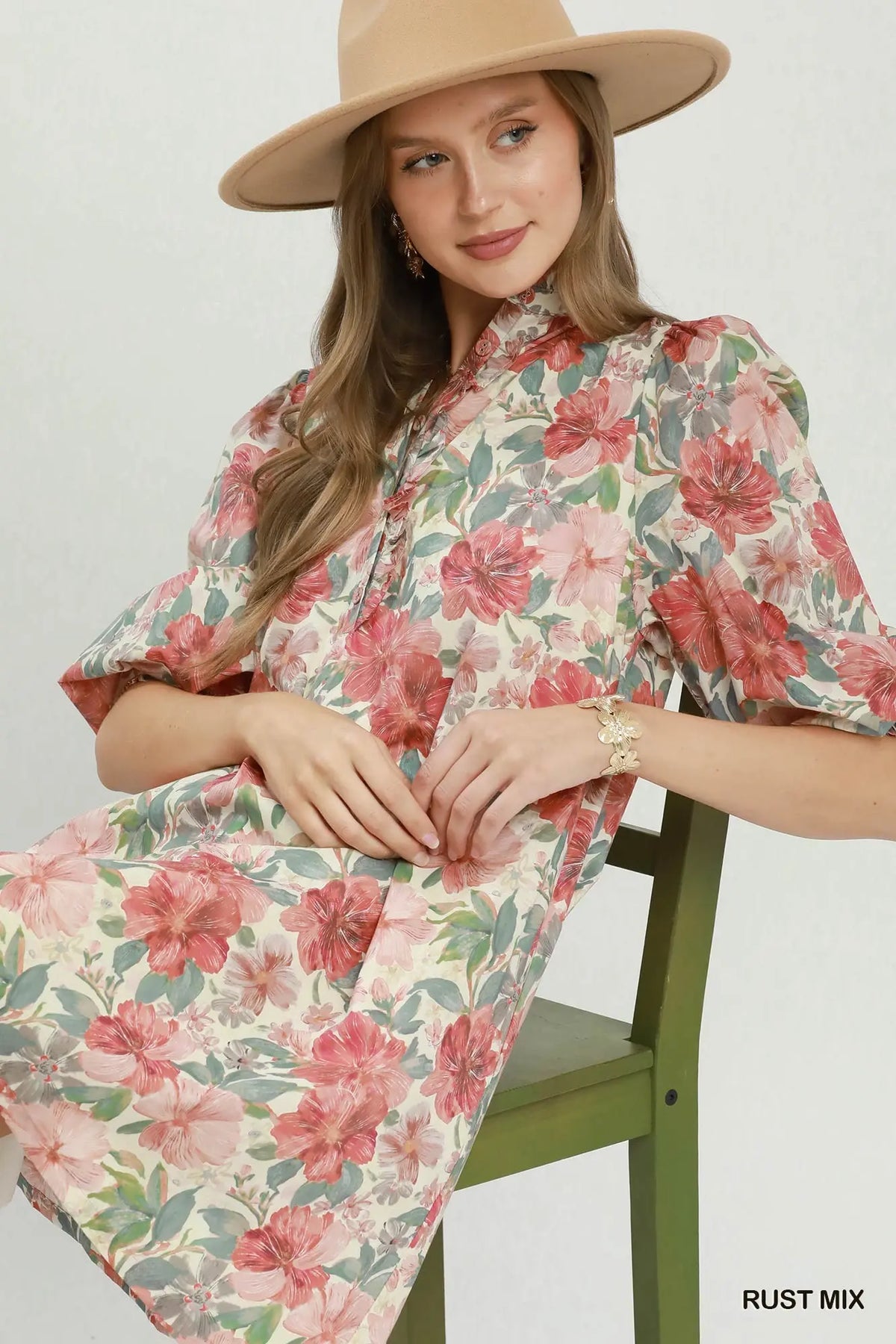 Curvy Paulette Floral Print Smocked Cuff Mini Dress
