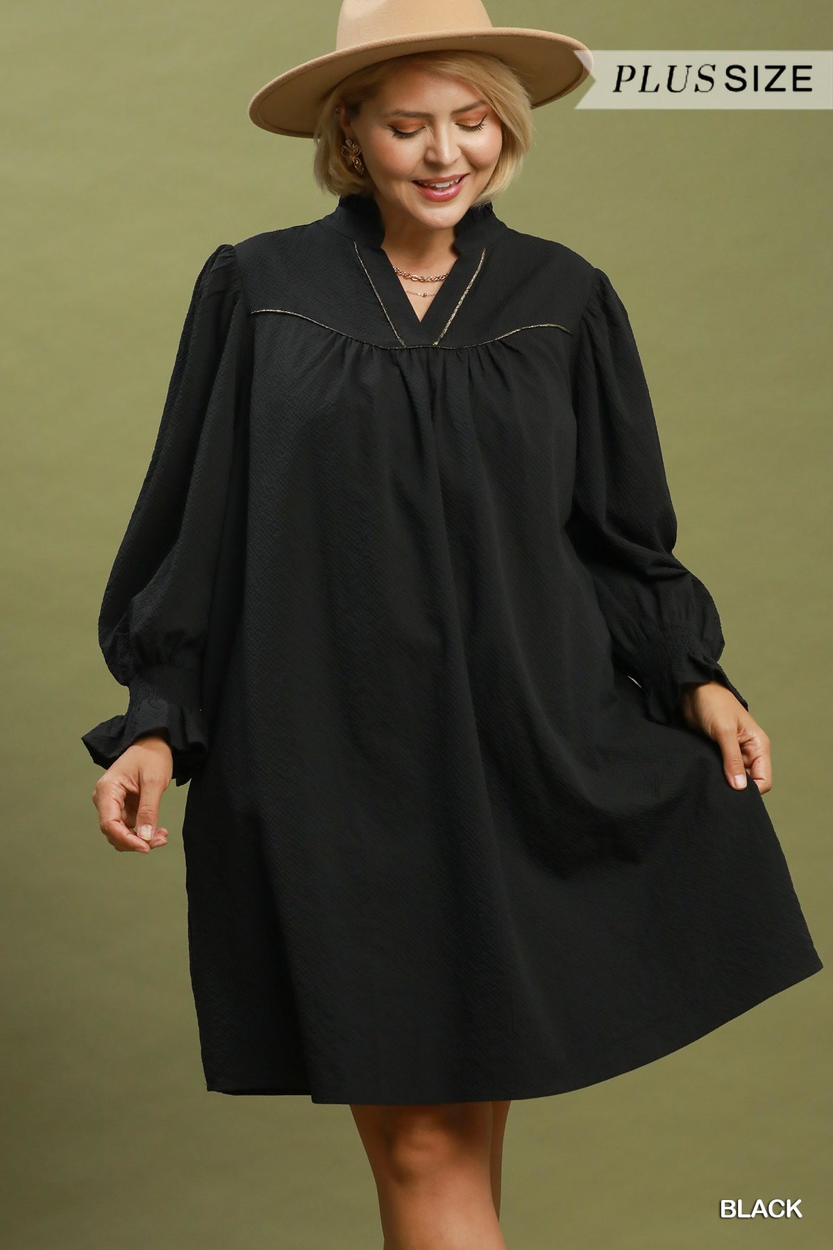 Curvy Jessica Black Textured Puff Sleeve Mini Dress