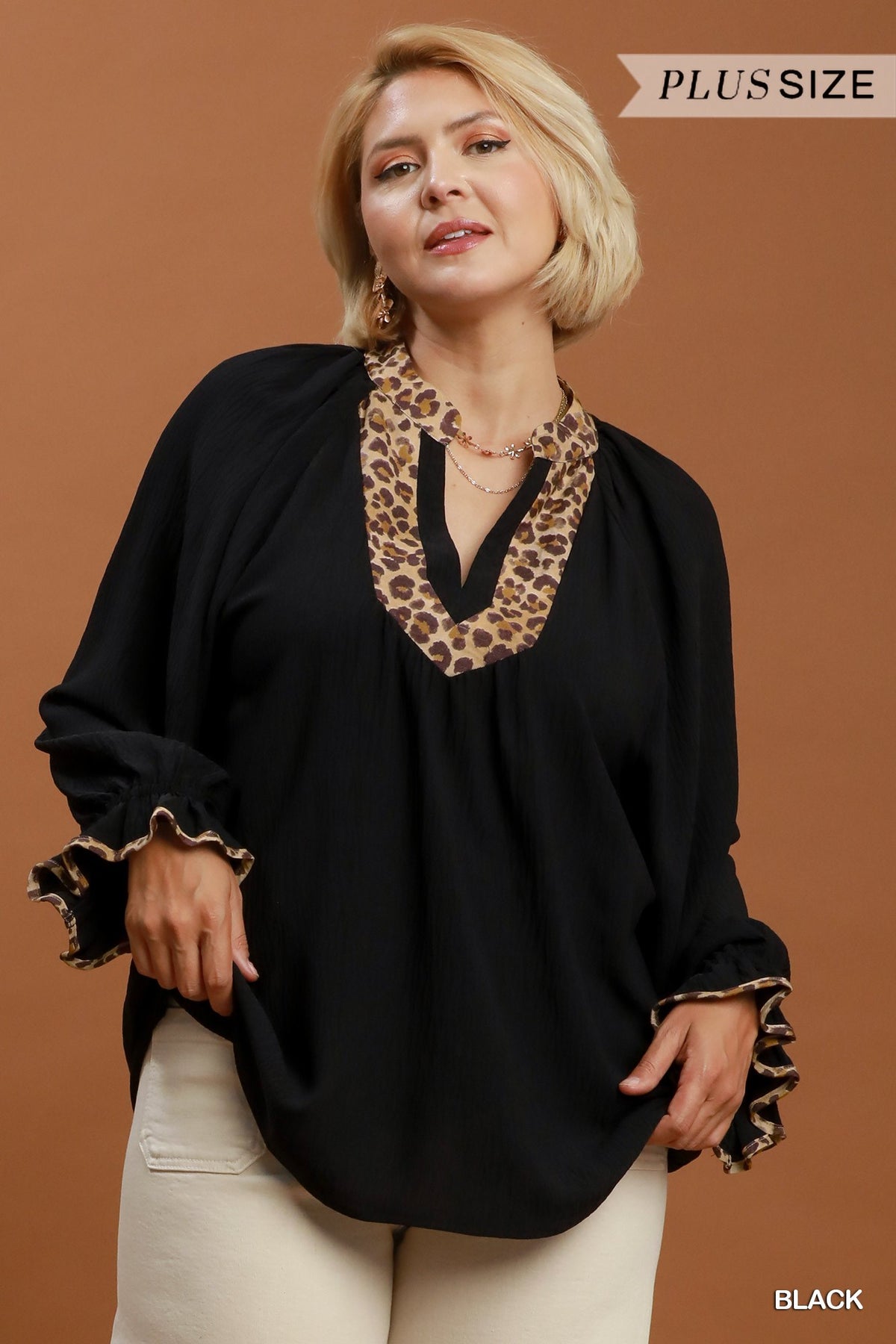 Curvy Larrissa Leopard Trim Ruffle Top