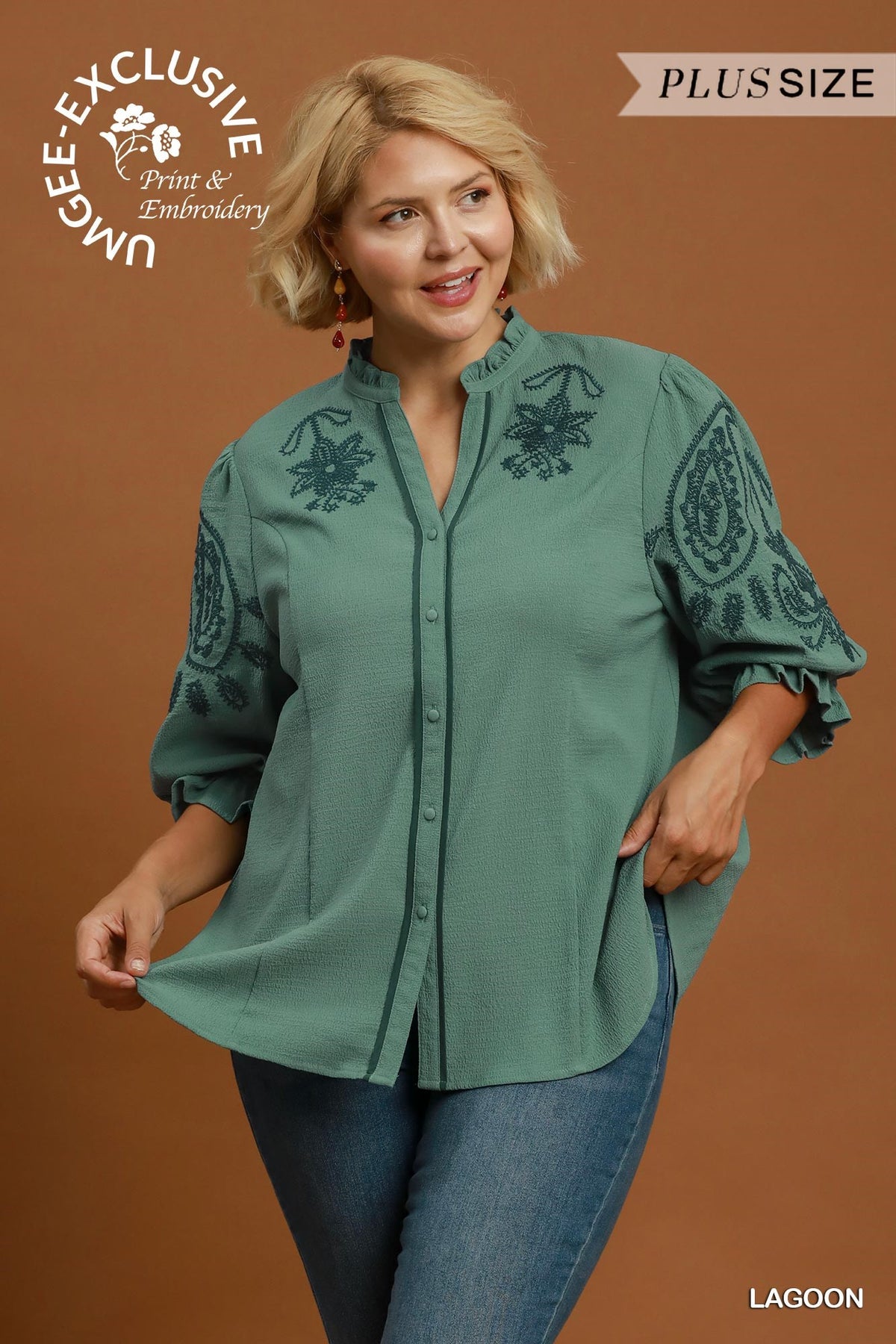Curvy Layne Lagoon Ruffle Embroidery Top