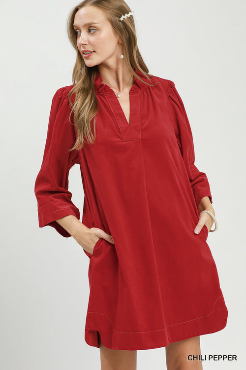 Candace Corduroy Split Neck Shift Dress