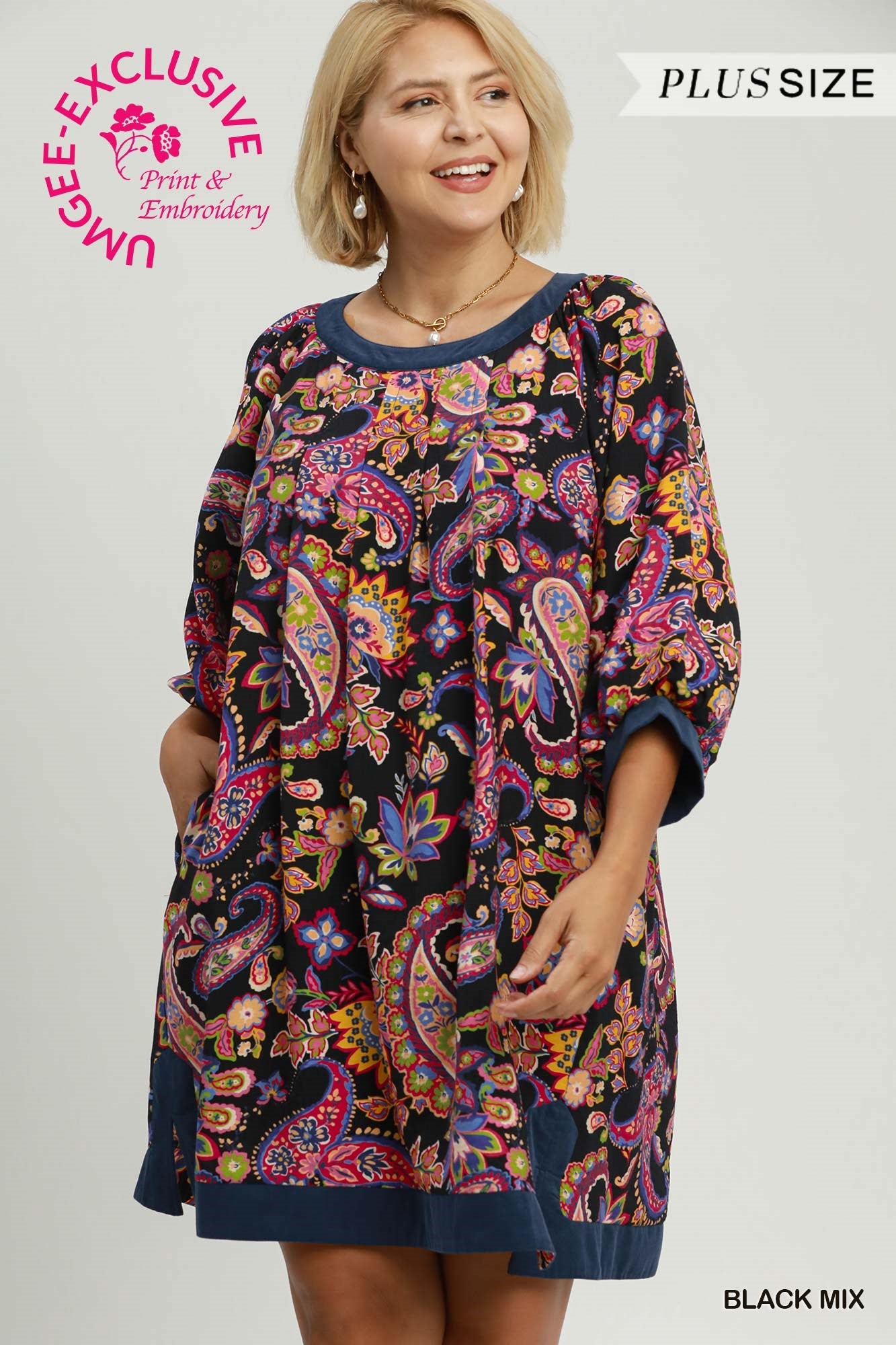 Curvy Paige Paisley Print Balloon Sleeve Dress