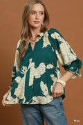 Tina Teal Floral Ruffle Puff Sleeve Top