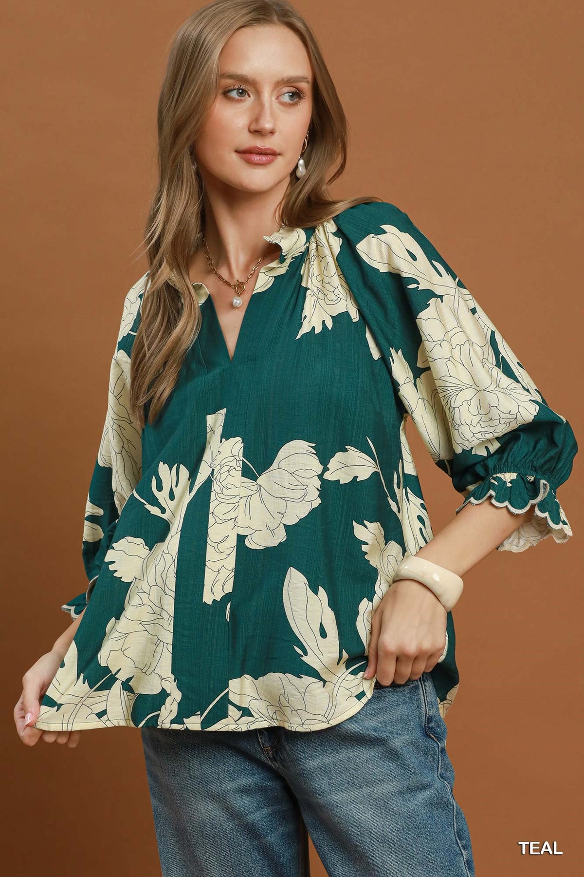 Tina Teal Floral Ruffle Puff Sleeve Top