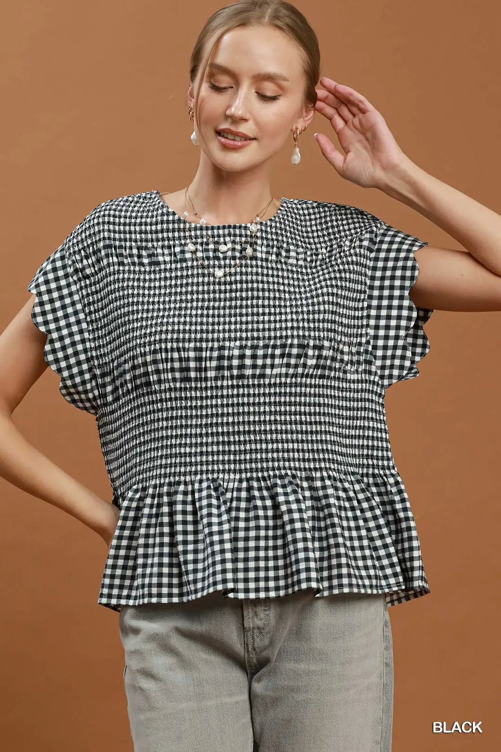 Gerri Gingham Smocked Ruffle Hem Top