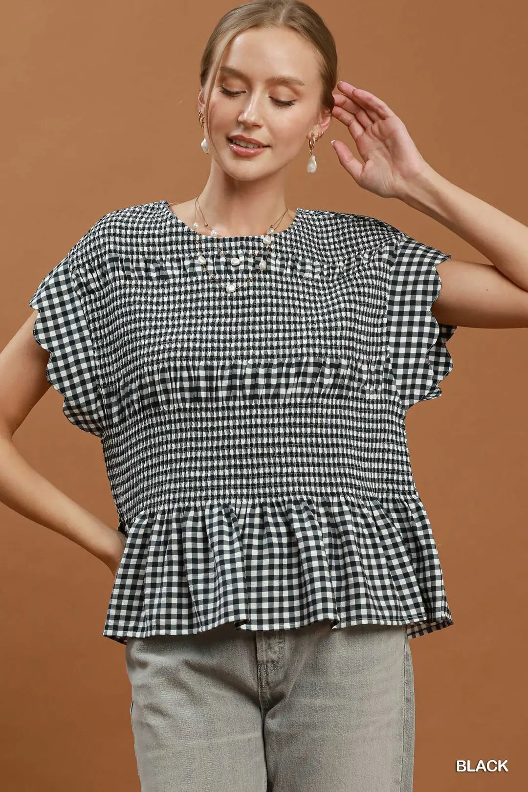Gerri Gingham Smocked Ruffle Hem Top