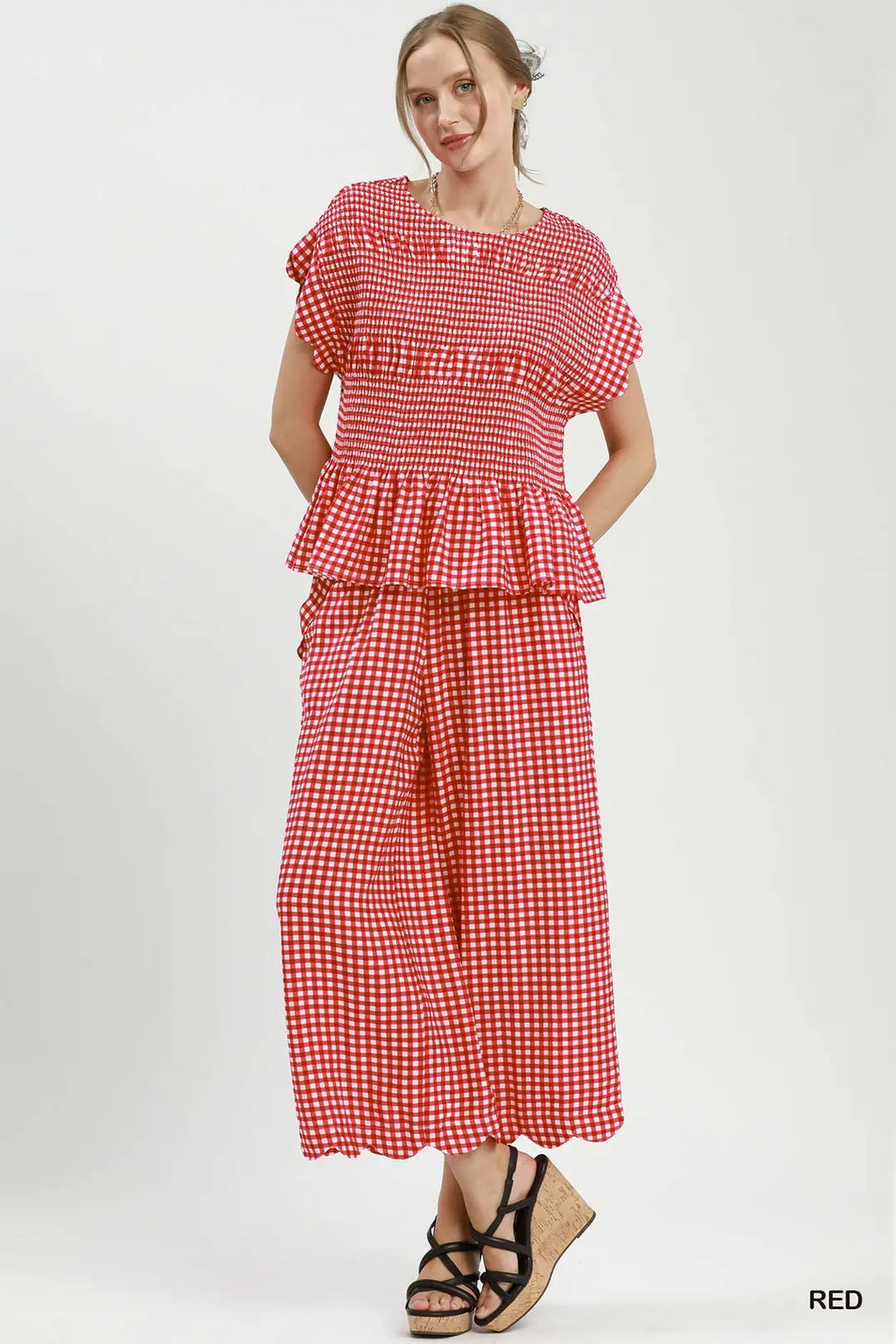 Gerri Gingham Smocked Ruffle Hem Top