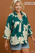 Curvy Tina Teal Floral Ruffle Puff Sleeve Top