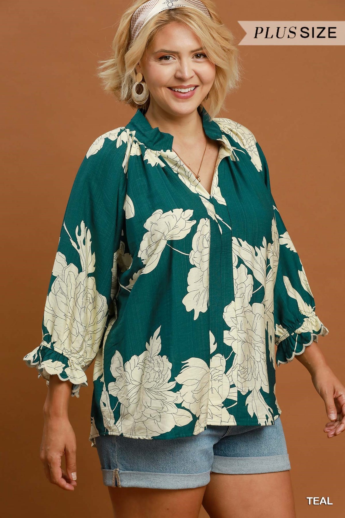 Curvy Tina Teal Floral Ruffle Puff Sleeve Top
