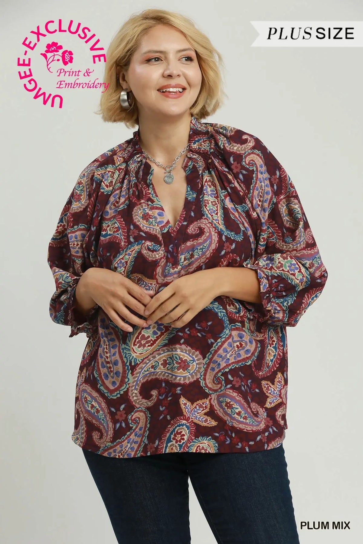 Curvy Kimberly Paisley Print Tie Neck Blouse