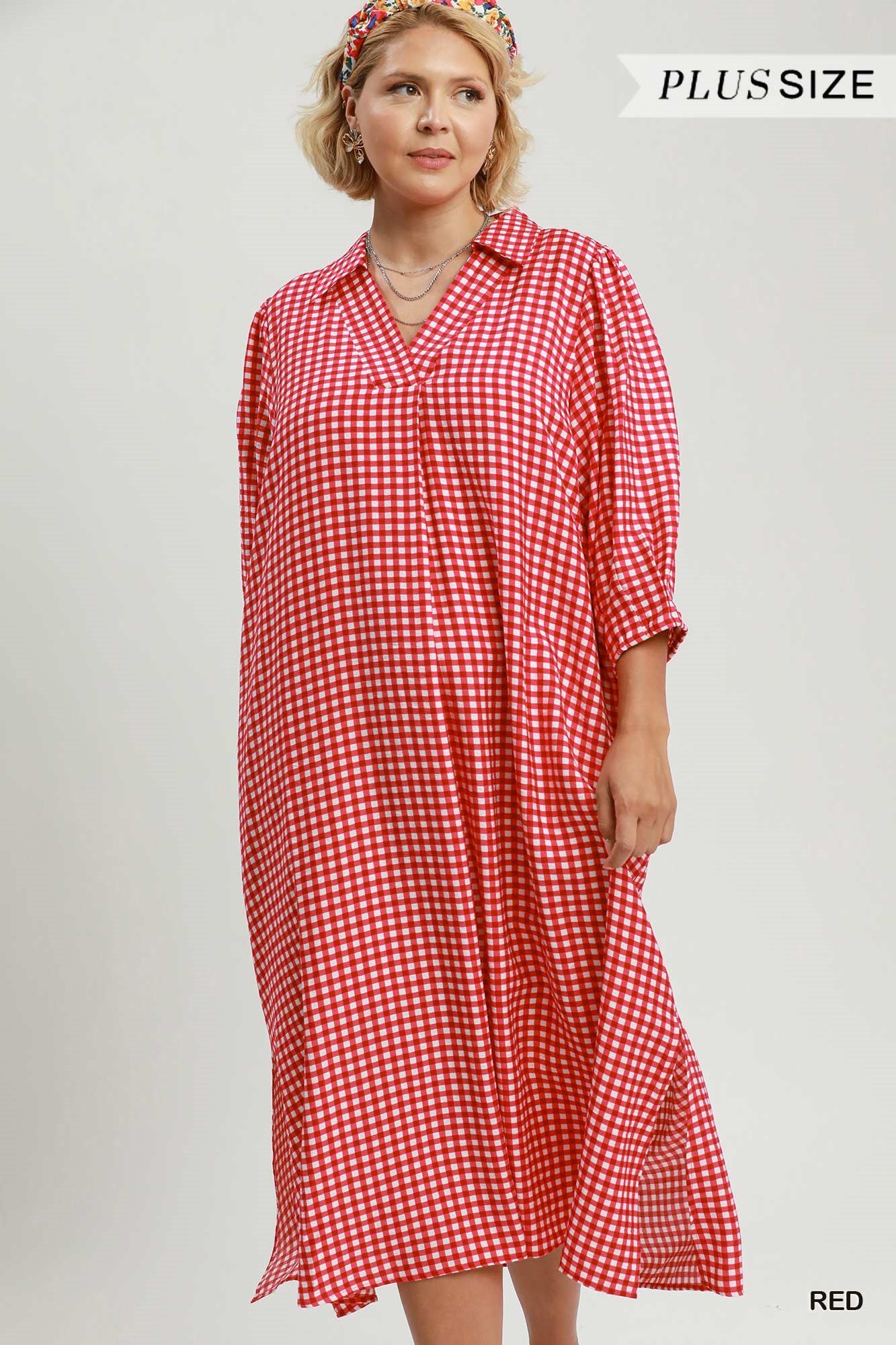 Curvy Allison Gingham Check Collared Midi Dress