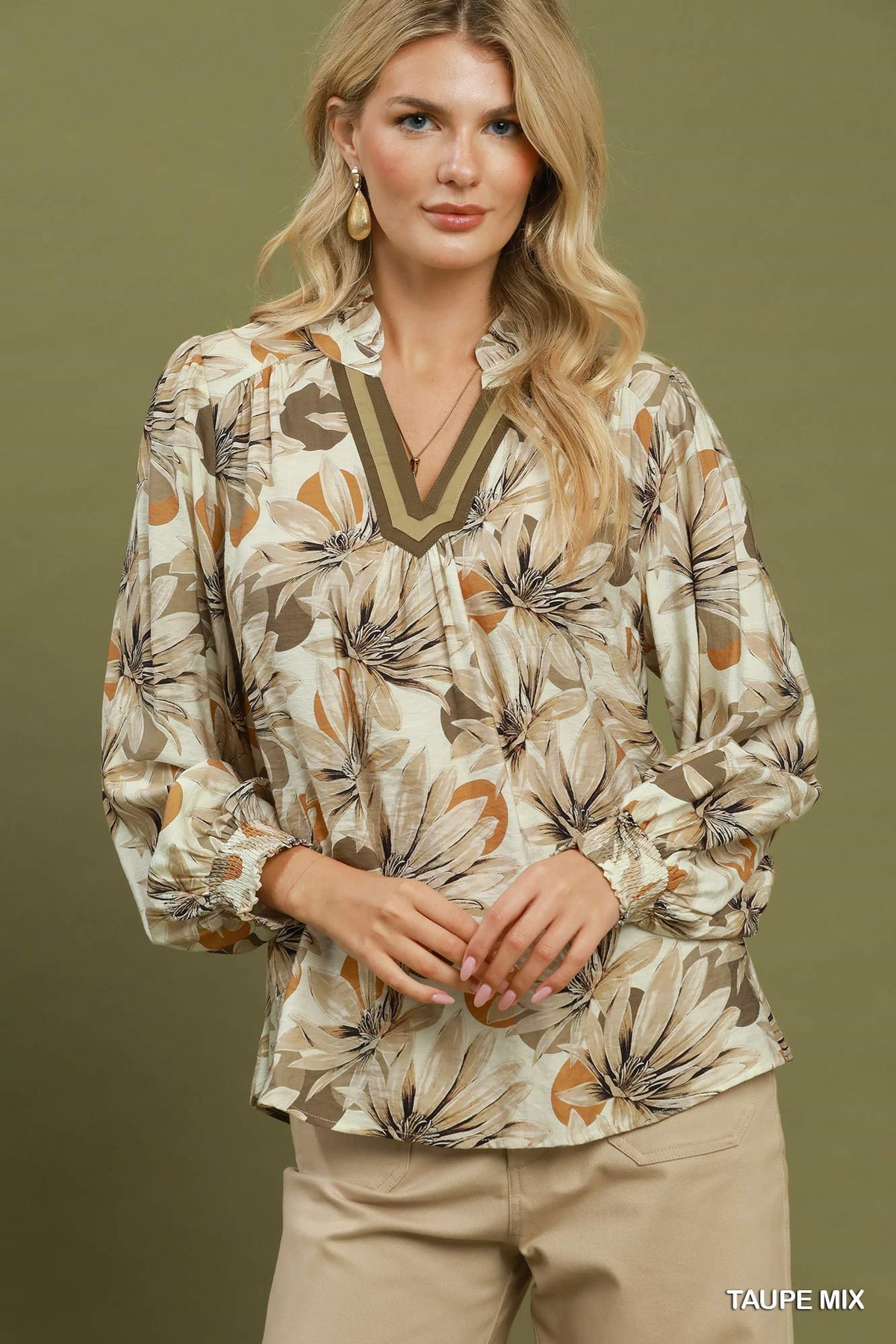 Tami Taupe Mix Floral Peasant Top