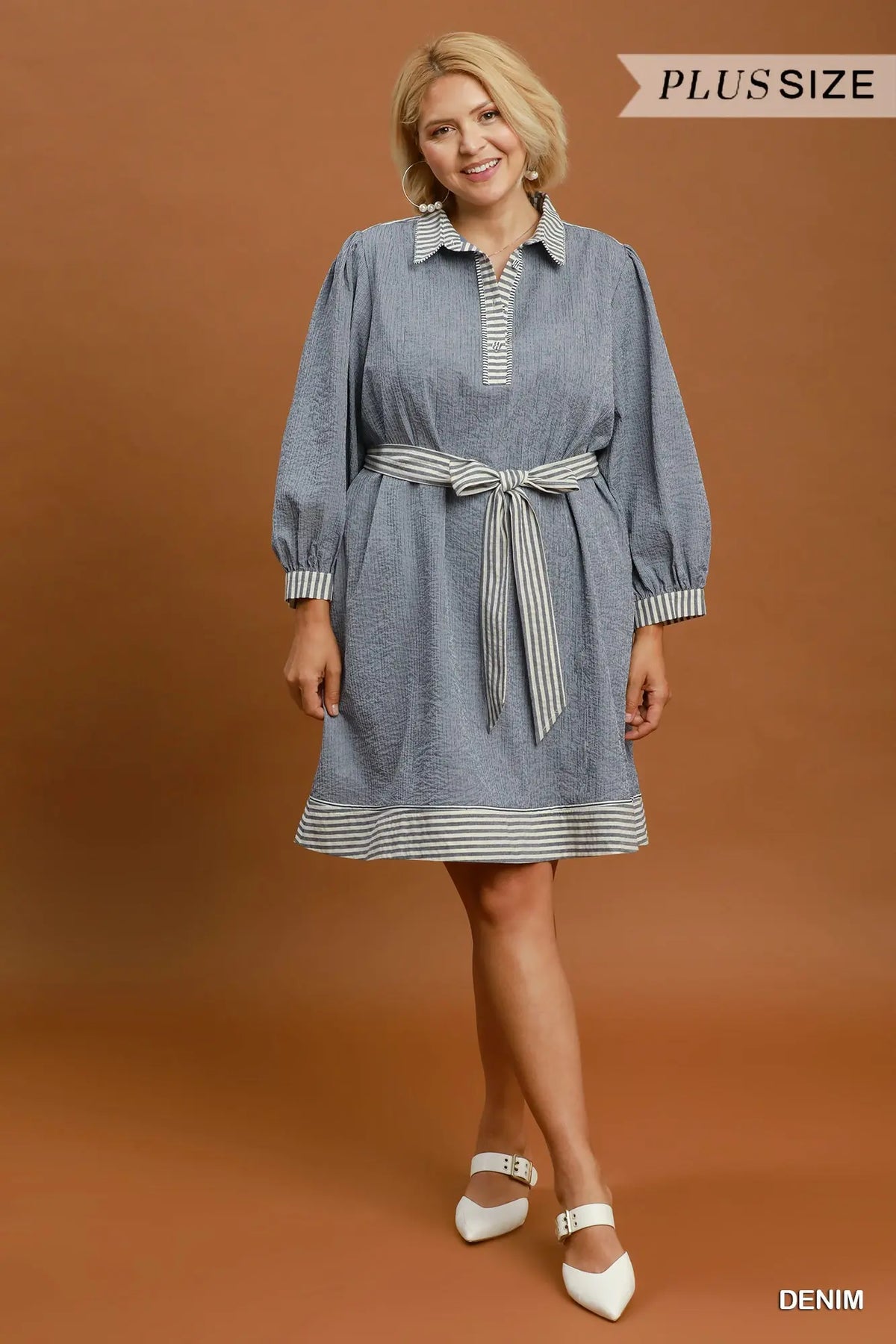 Curvy Cassandra Striped Contrast Belted Dress