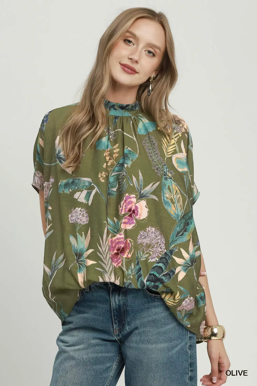 Frenchie Floral Mock Neck Blouse