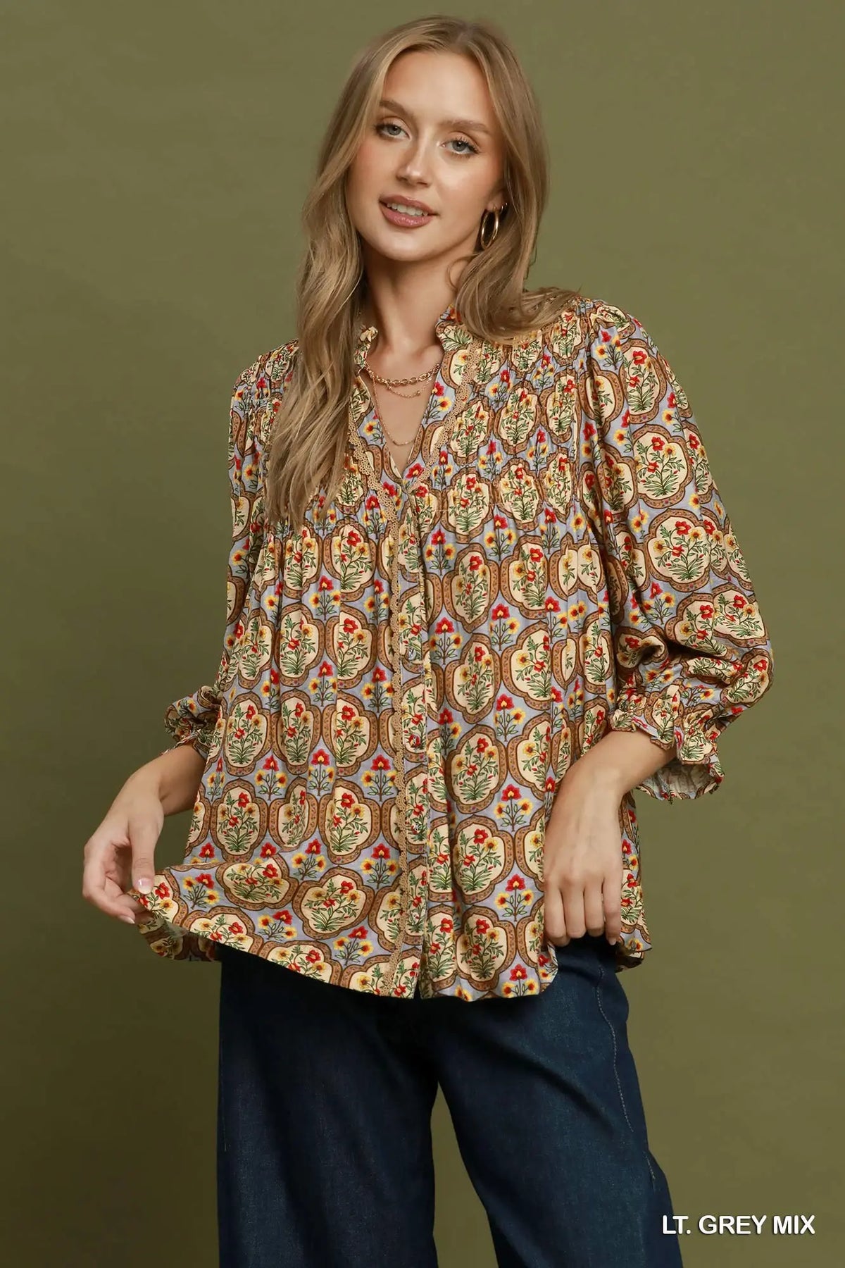 Ainsleigh Boho Floral Medallion Print Split Neck Top