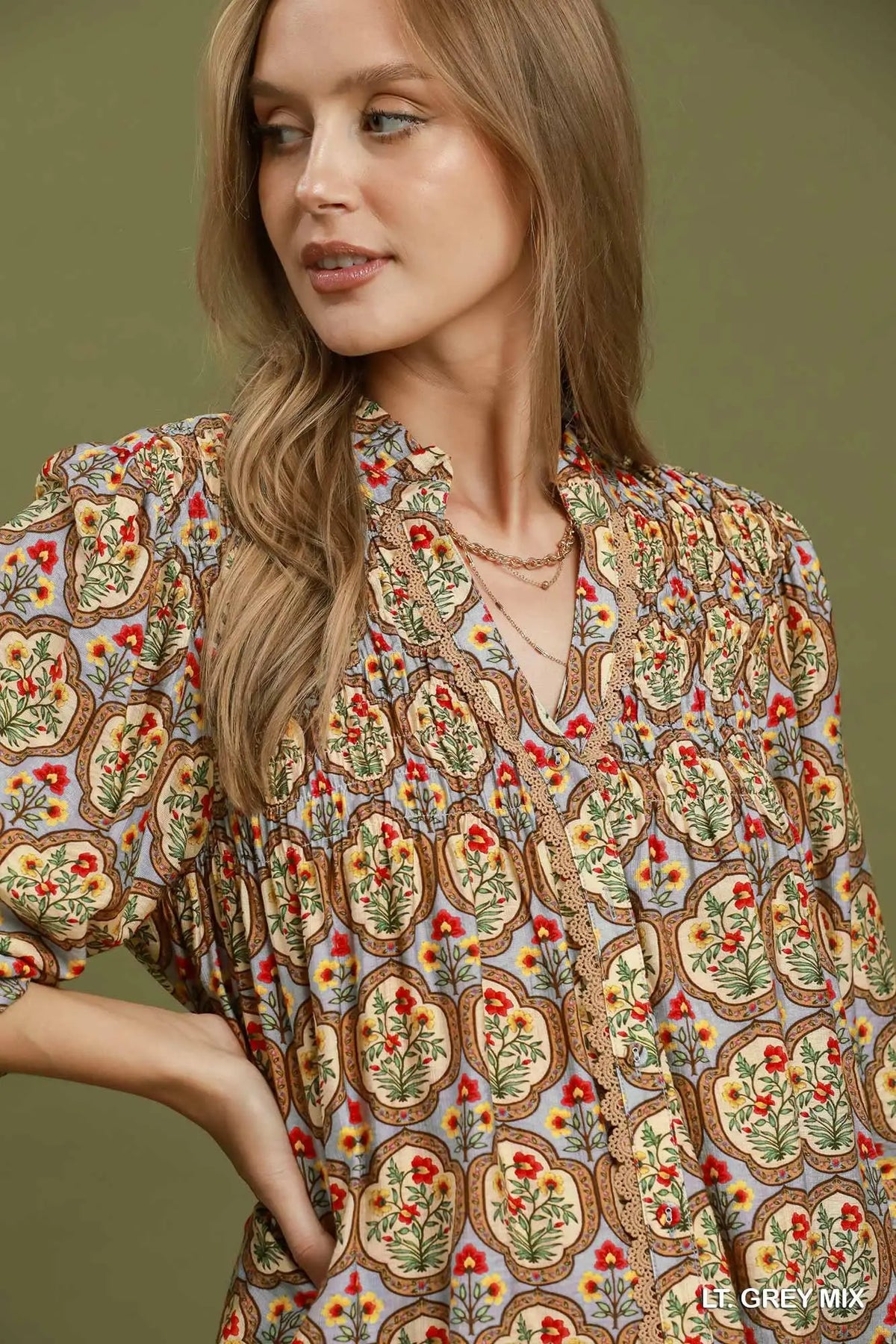 Ainsleigh Boho Floral Medallion Print Split Neck Top