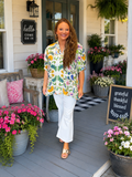 Curvy Macie Green Mix Floral Split Neck Top