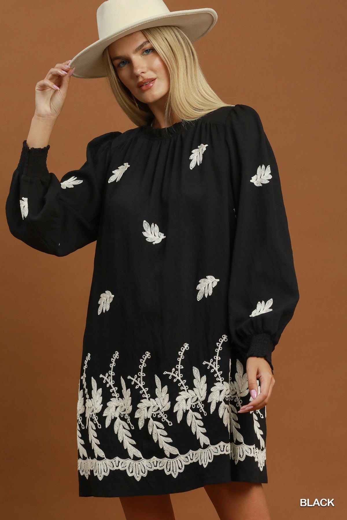 Brianna Embroidered Botanical Ruffle Neck Shift Dress