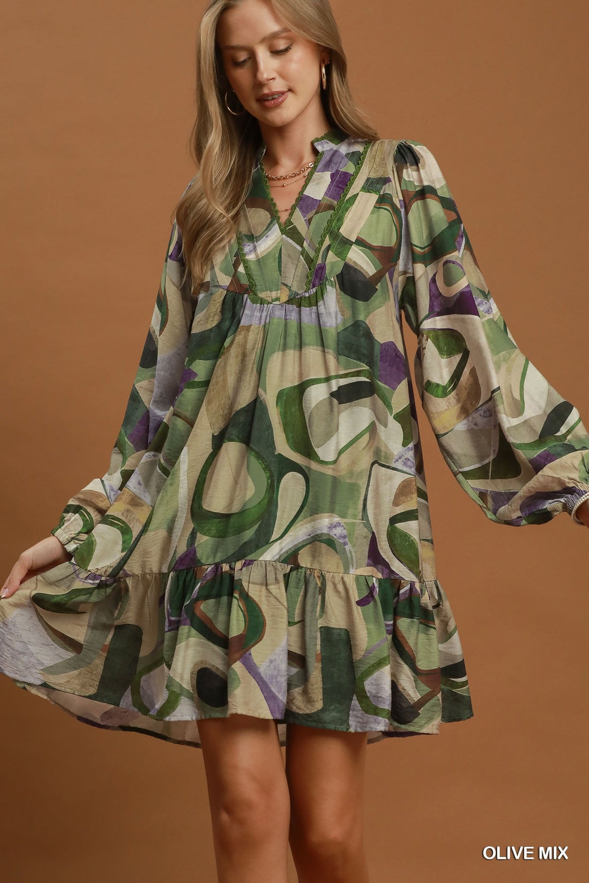 Abby Abstract Olive Mix Mini Dress