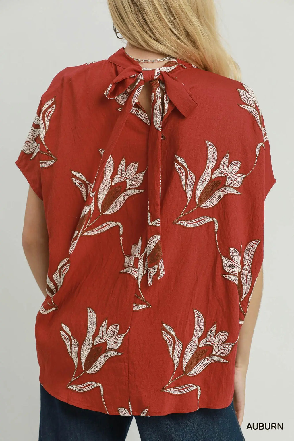 Renie Embroidered Floral Mock Neck Dolman Sleeve Top