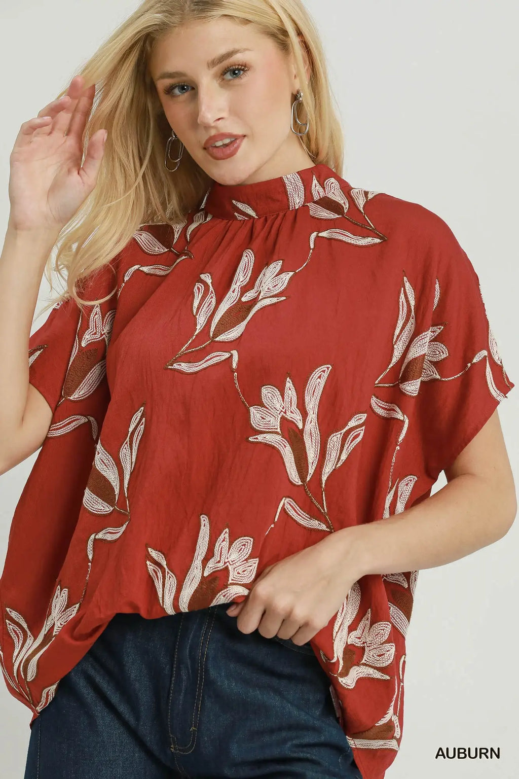 Renie Embroidered Floral Mock Neck Dolman Sleeve Top