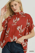 Renie Embroidered Floral Mock Neck Dolman Sleeve Top