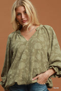Olive Jacquard Textured Floral Top