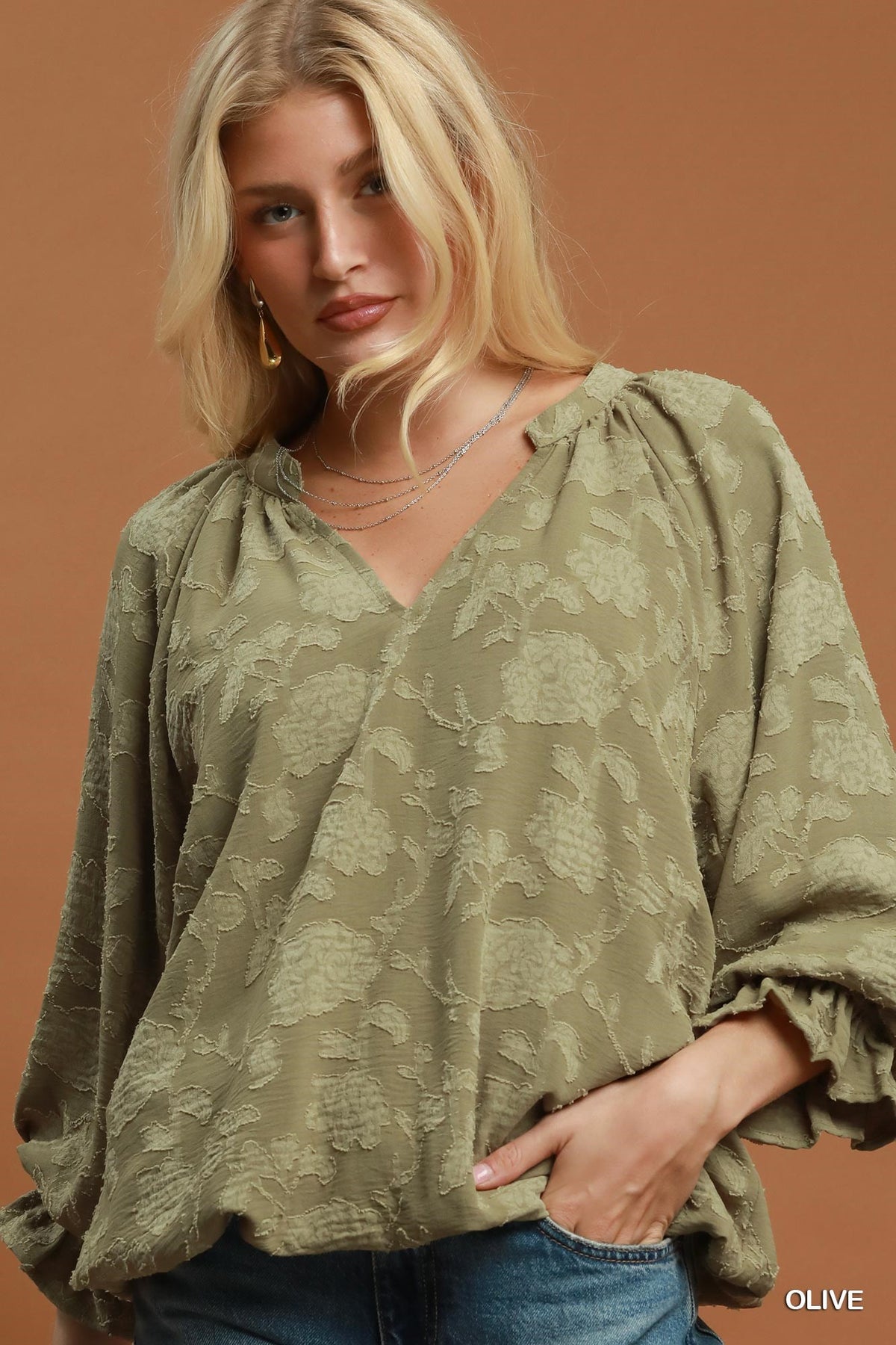 Olive Jacquard Textured Floral Top