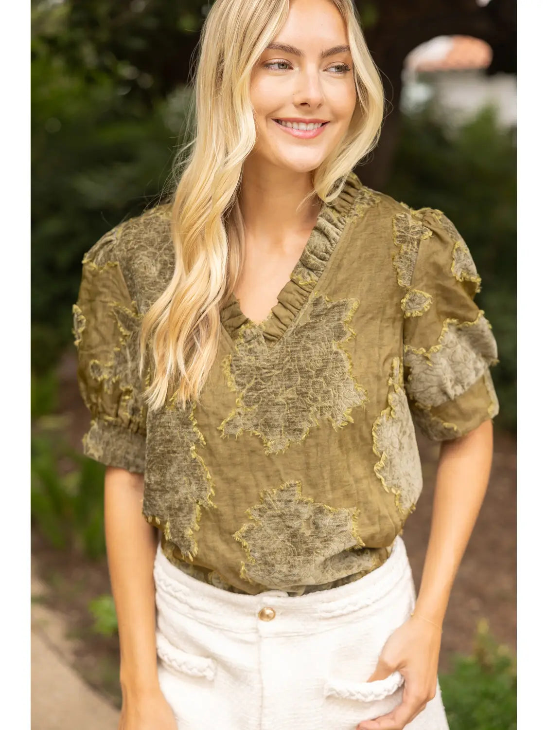 Olympia Ruffled V-Neck Burnout Velvet Top