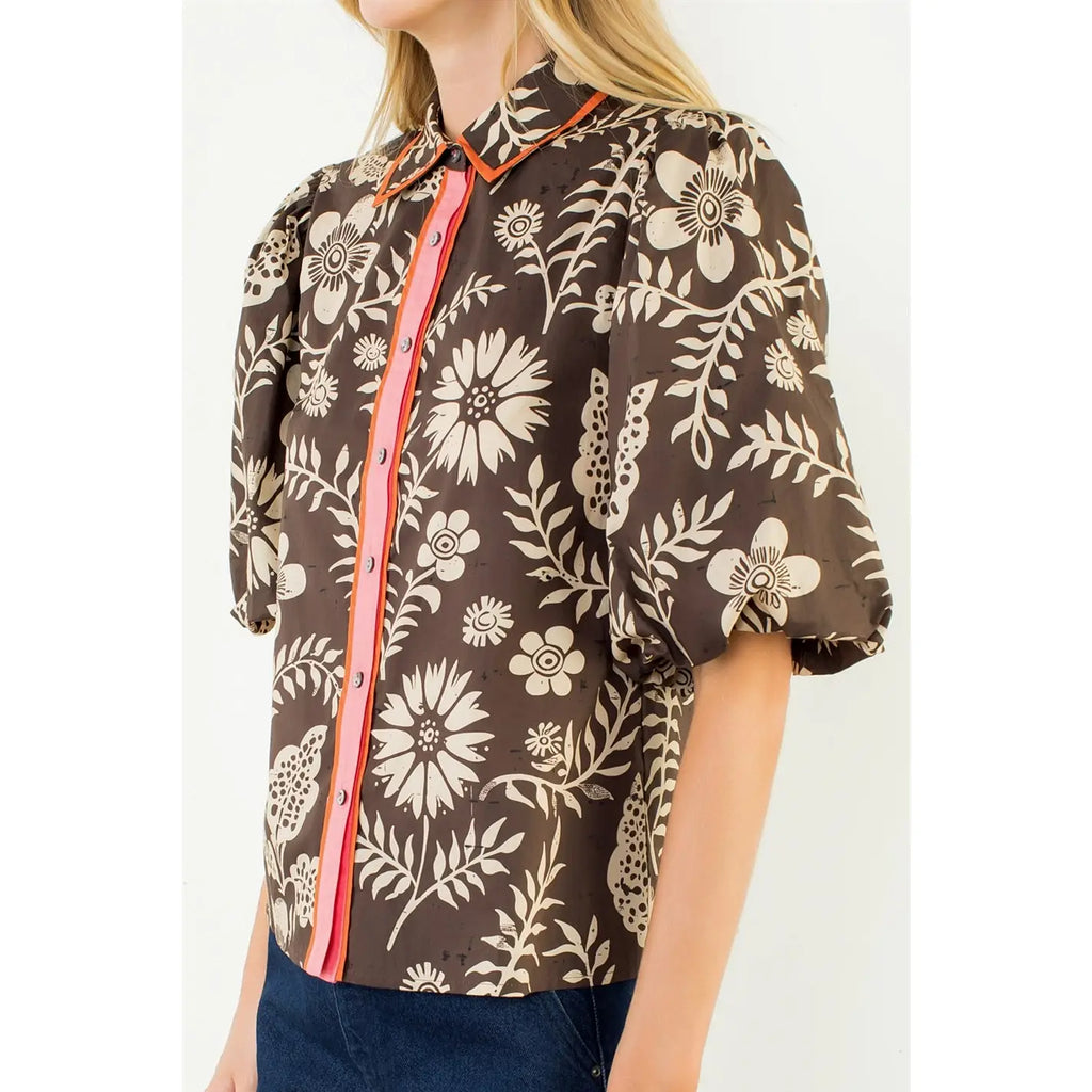 Bronson THML Two Tone Floral Print Short Sleeve Top