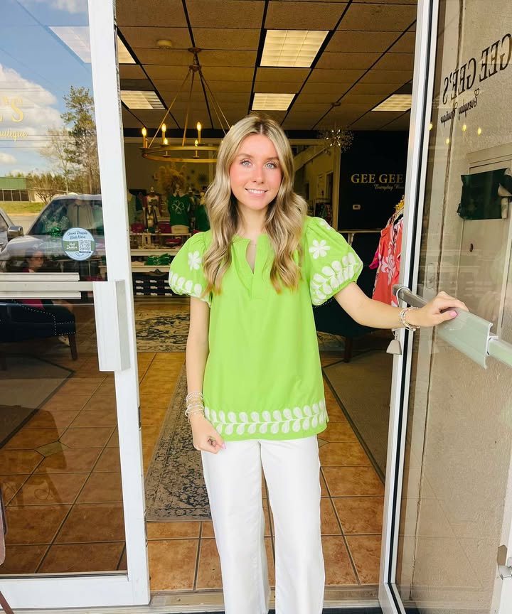 Jayla Puff Sleeve Embroidered Green top
