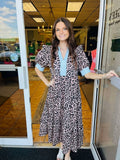 Leondra Leopard Blue Striped Trim Midi Dress