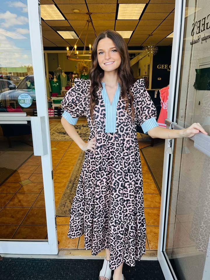 Leondra Leopard Blue Striped Trim Midi Dress