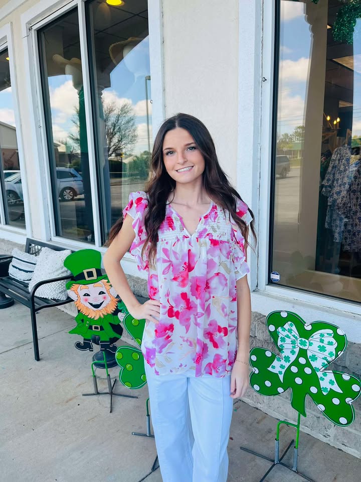 Sherri Floral Print Flutter Sleeve Top