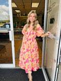 Gloria Guava Mix Gathered Round Neck Dress