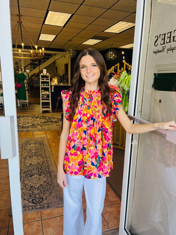 Lana Lemon Mix Smocked Yoke Top