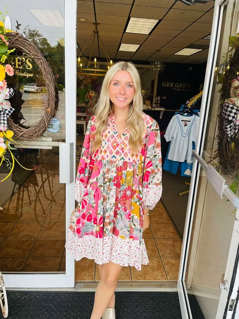 Melody Mixed Print Bubble Sleeve Mini Dress