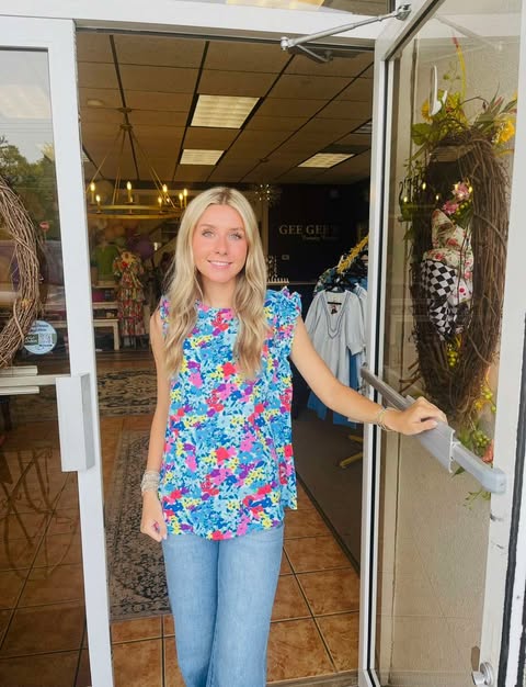 Nova Blue Floral Print Cap Sleeve Top