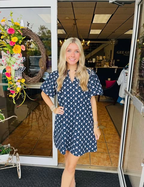 Naveah Navy Floral Embroidered Puff Sleeve Mini Dress
